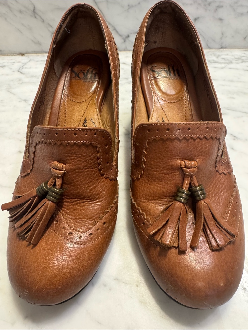 Sofft Cognac Leather Tassel Loafers